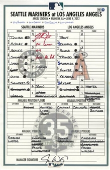 Mike Trout Signed Seattle Mariners vs Los Angeles Angels Game Used Lineup Card Inscribed "1st Career 4-4, 2012 ROY" (MLB Authenticated)